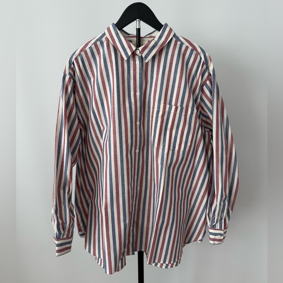 Sezane Max Shirt - blue / ecru / burgundy stripes - size 46 / 14 - Picture 2 of 5